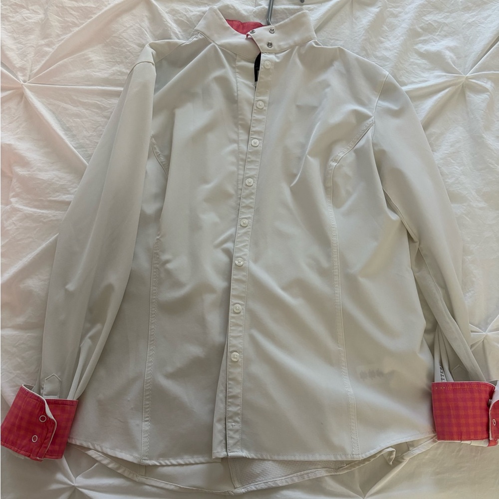 White Button-Up Equestrian Riding Show Shirt with Pink Accents Size L